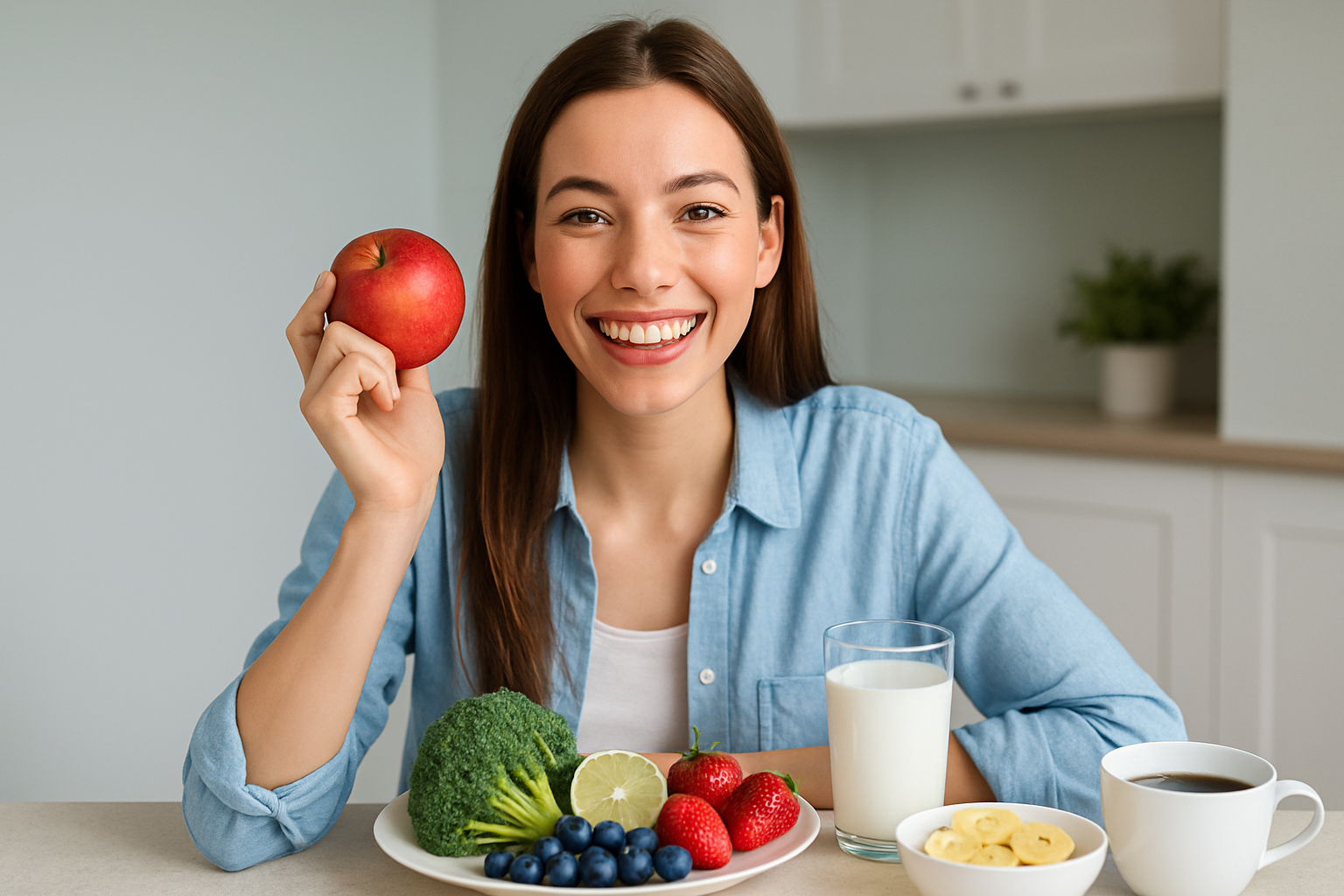 Gesunde Lebensmittel für weiße Zähne: Äpfel, Sellerie, Käse und Wasser auf einem Holztisch