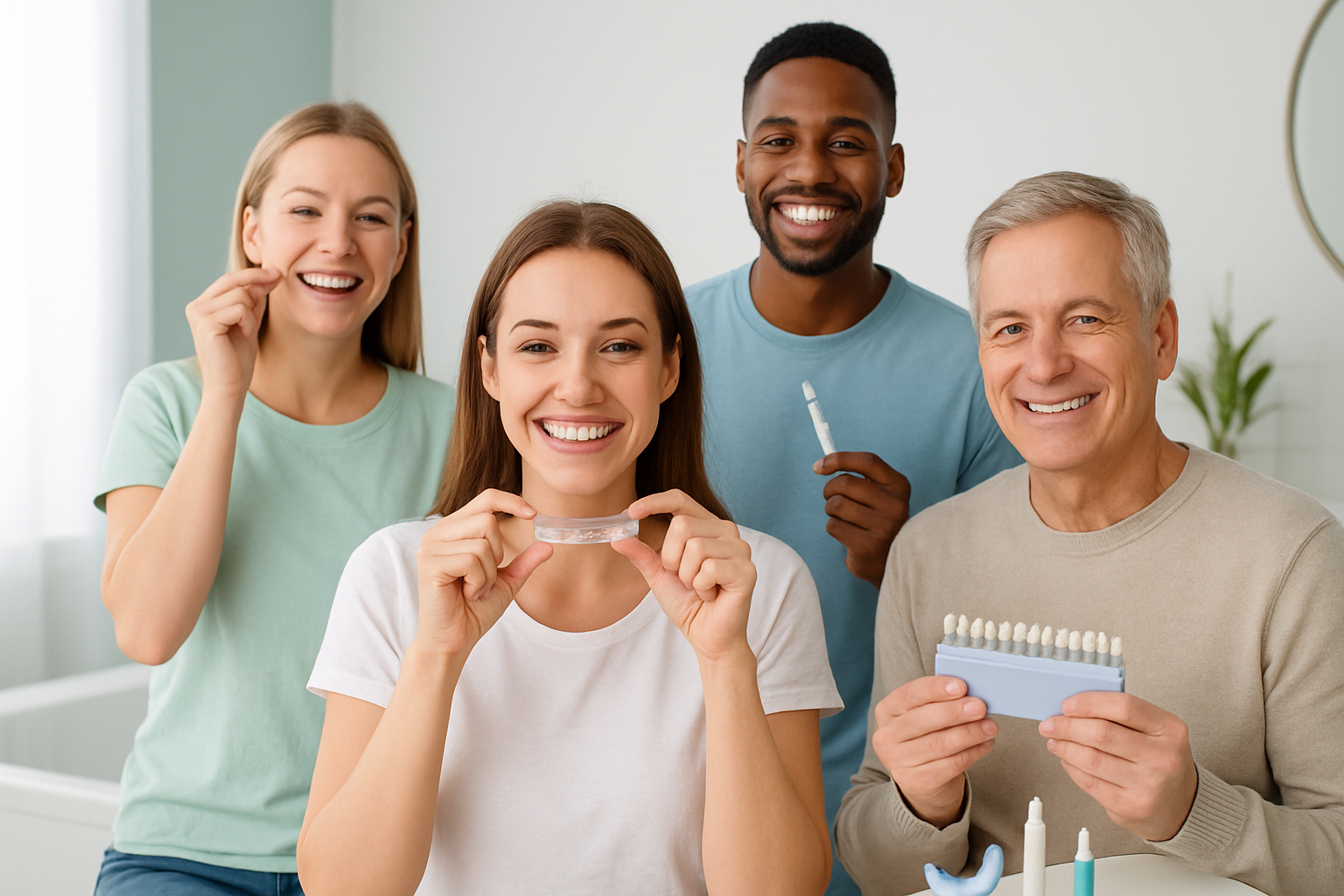 Person trägt Bleaching-Schiene zu Hause auf für strahlend weiße Zähne