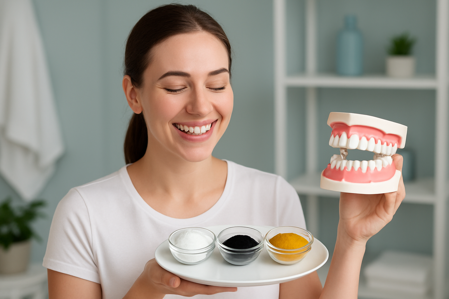 Natürliche Hausmittel für Zahnaufhellung wie Backpulver, Aktivkohle und Kurkuma auf einem Holztisch