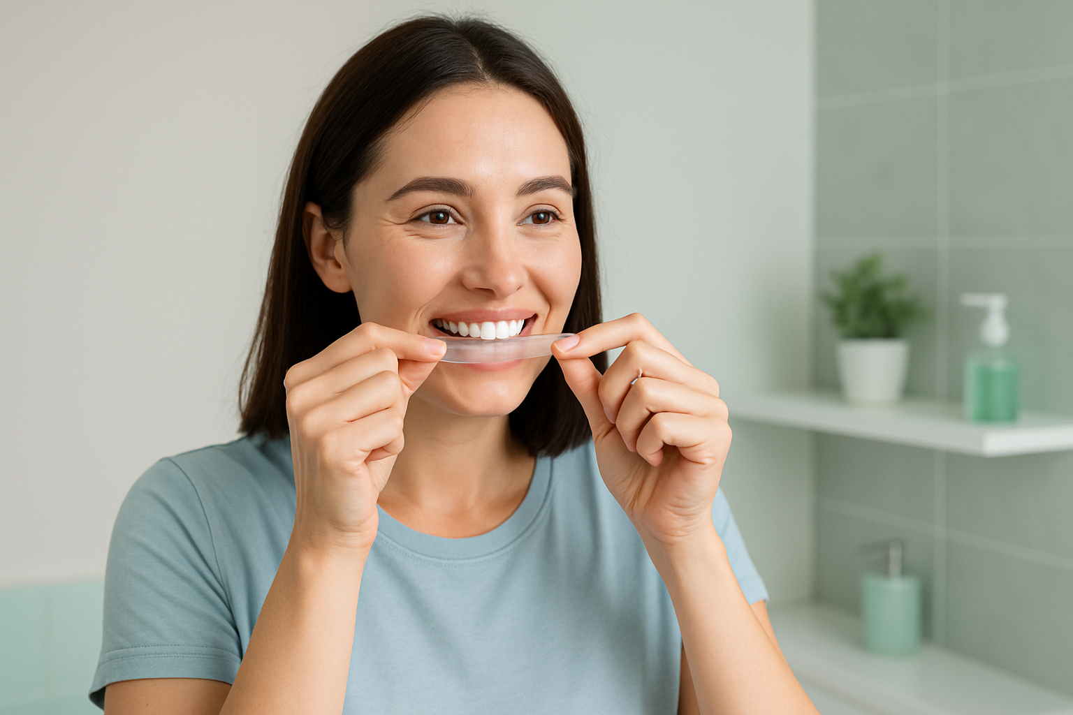 Bleaching Strips zur Zahnaufhellung auf weißem Hintergrund mit Zahnmodell